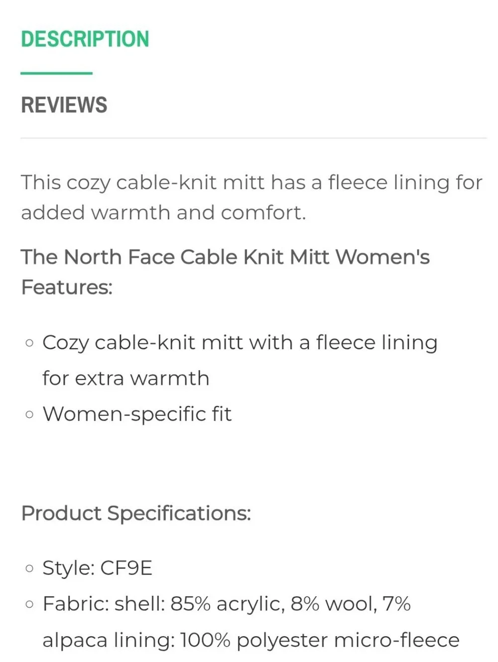 The North Face Wool Alpaca Blend Cable Knit Mitt Mittens Grey Women Size L to XL